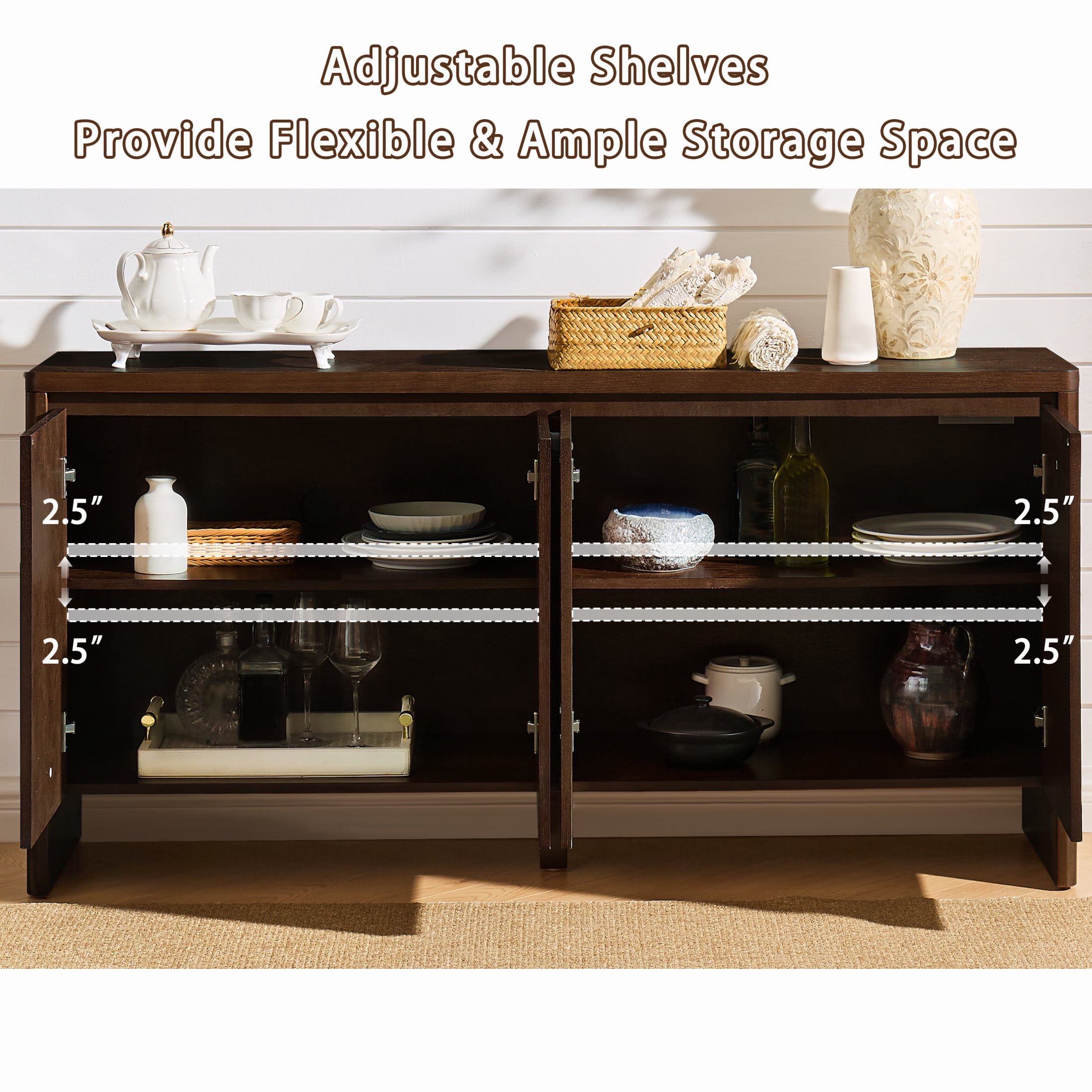 GDF Studio 61.1-Inch Mid-Century Sideboard Buffet Cabinet with Adjustable Shelves, Outlet Holes, Walnut