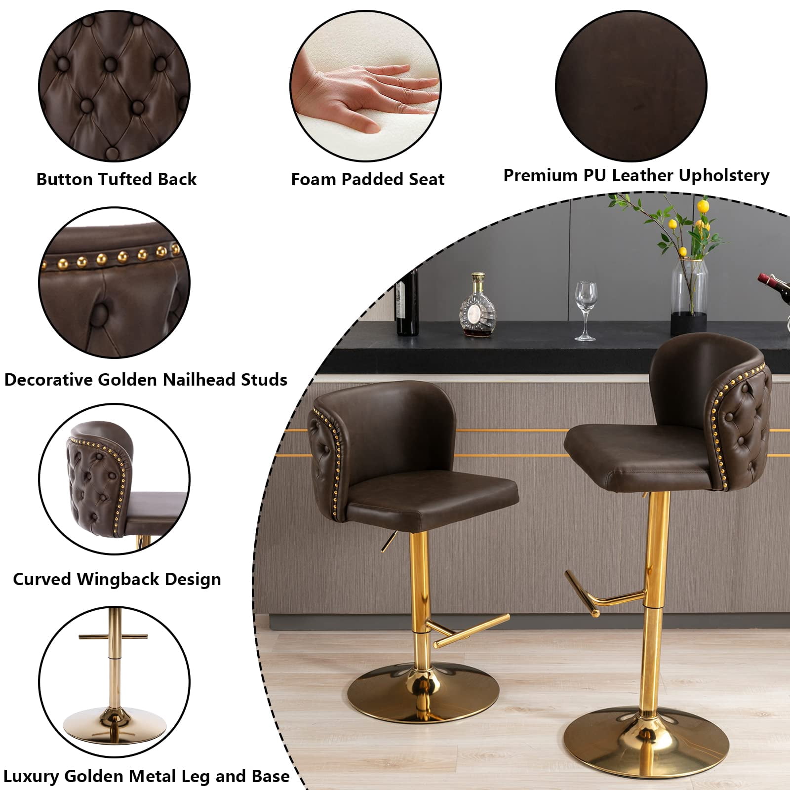DONICK Swivel Counter Height Barstools,Upholstered Bar Stools Adjustable Height Nailhead Button Tufted Kitchen Island (PU,Brown,Set of 6)