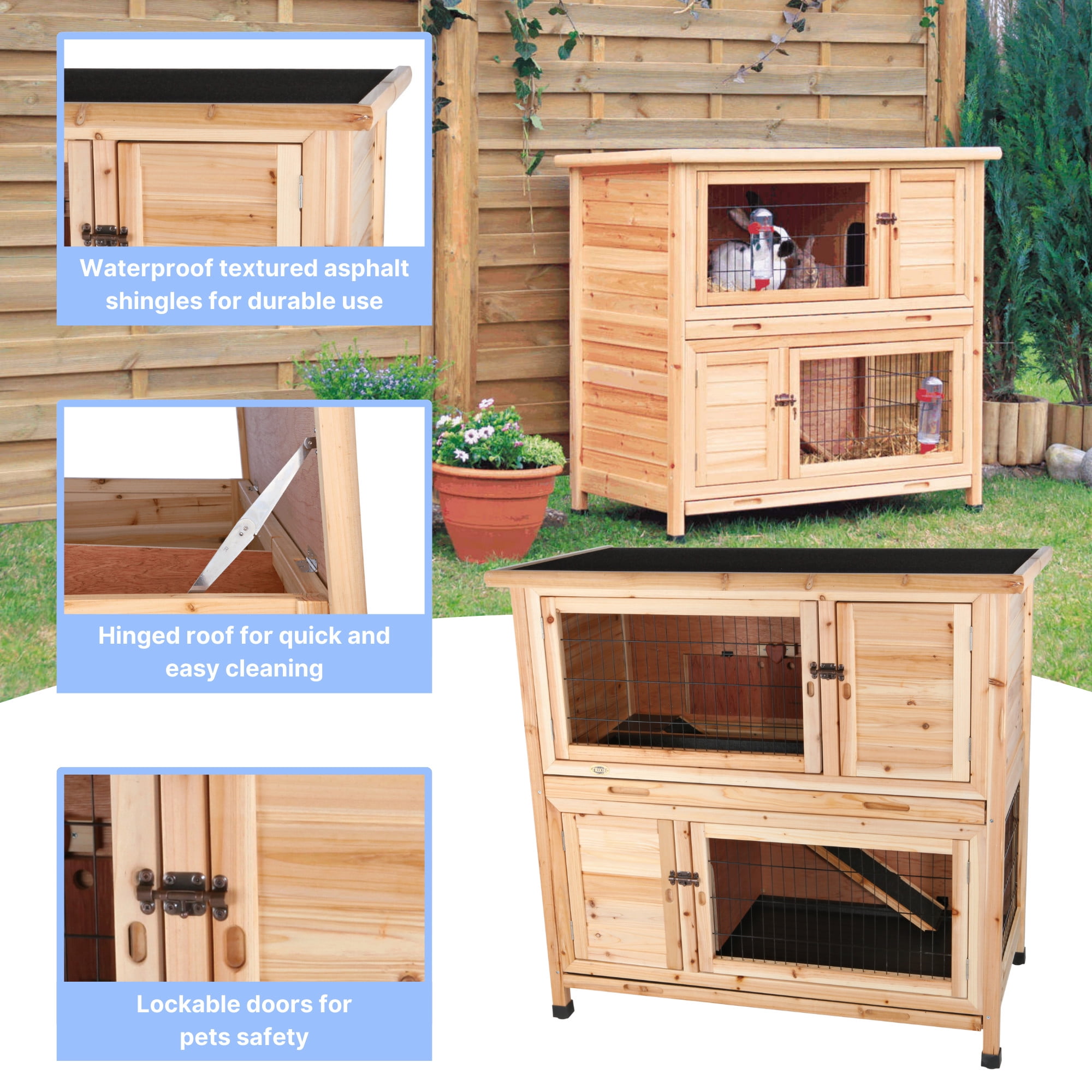 TRIXIE natura Double Weatherproof Outdoor 2-Story Wooden Small Animal Hutch with & Pull-Out Trays & Ramp, Brown