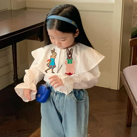 

Baozhu Children Girl Clothes Embroidered Cartoon Big Lapel Shirt Autumn Spring White Black Shirt Korean Casual Girl s Shirt Blouse