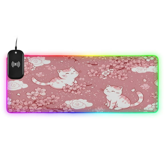 RGB Gaming Mouse Pad 15W Wireless Charging Large Waterproof Desk Mat 13 Light Modes Mousepad 31.5x11.8 cherry blossoms and Cute Cats