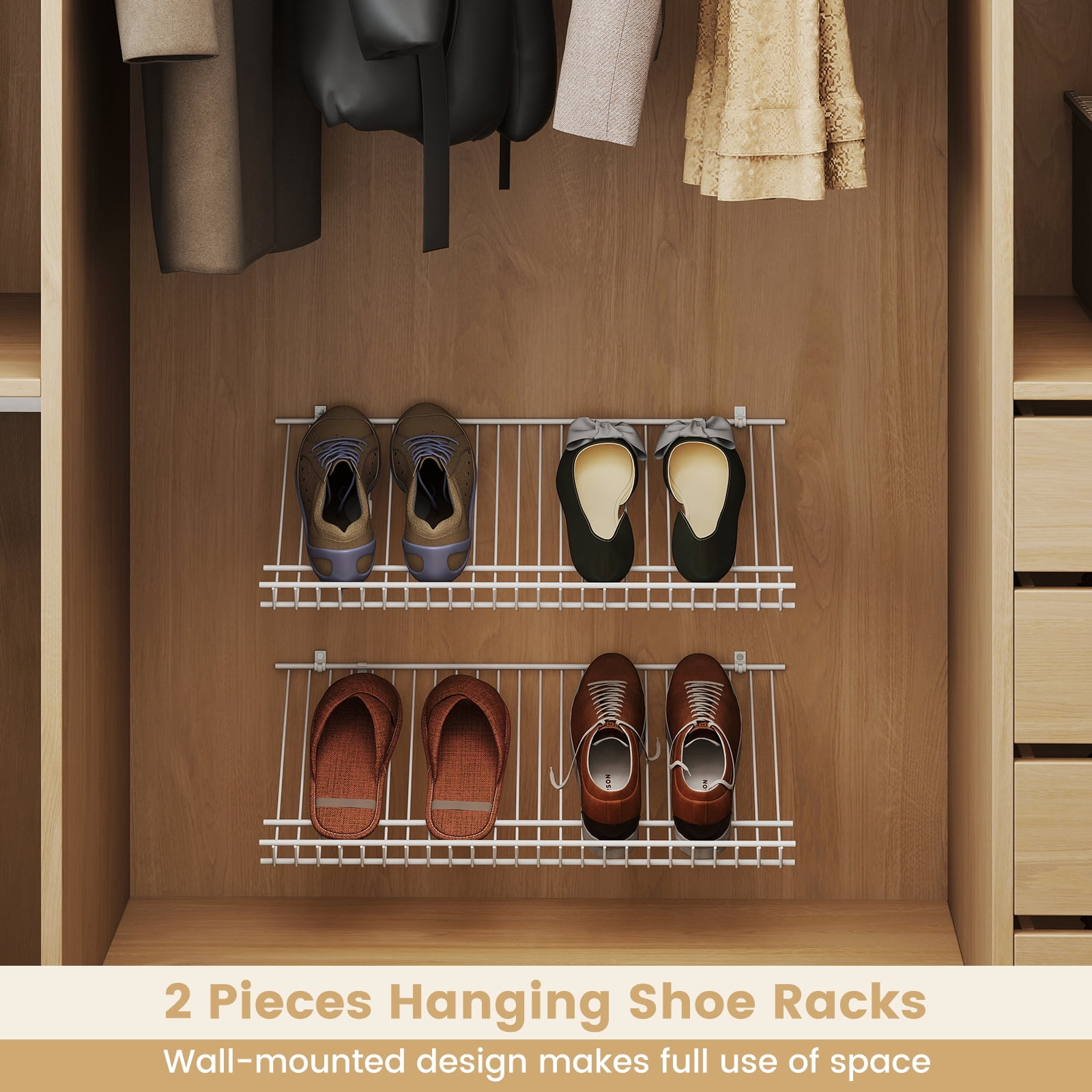 Gymax Set of 2 Metal Wire Shelving Unit Sloping Shoe Racks w/ Heightened Edge
