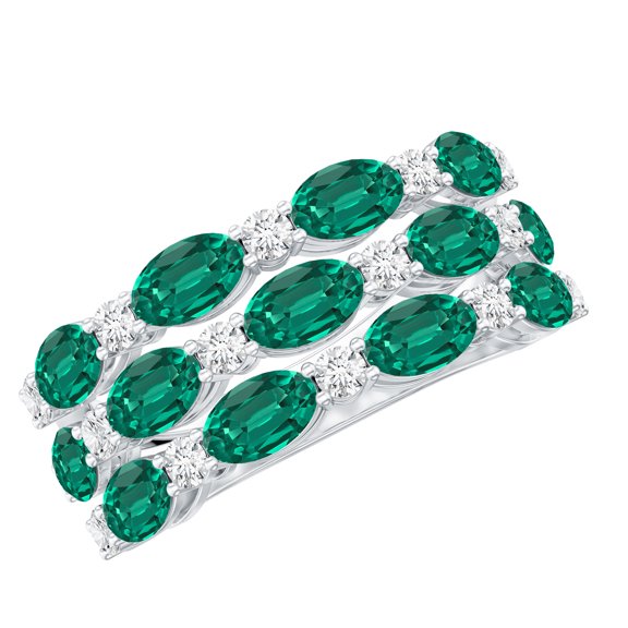 Rosec Jewels Lab Grown Emerald 3 Row Wedding Band for Women - AAAA Quality - Certified Emerald Diamond Ring - with Jewelry Box, 925 Sterling Silver, US 4.00