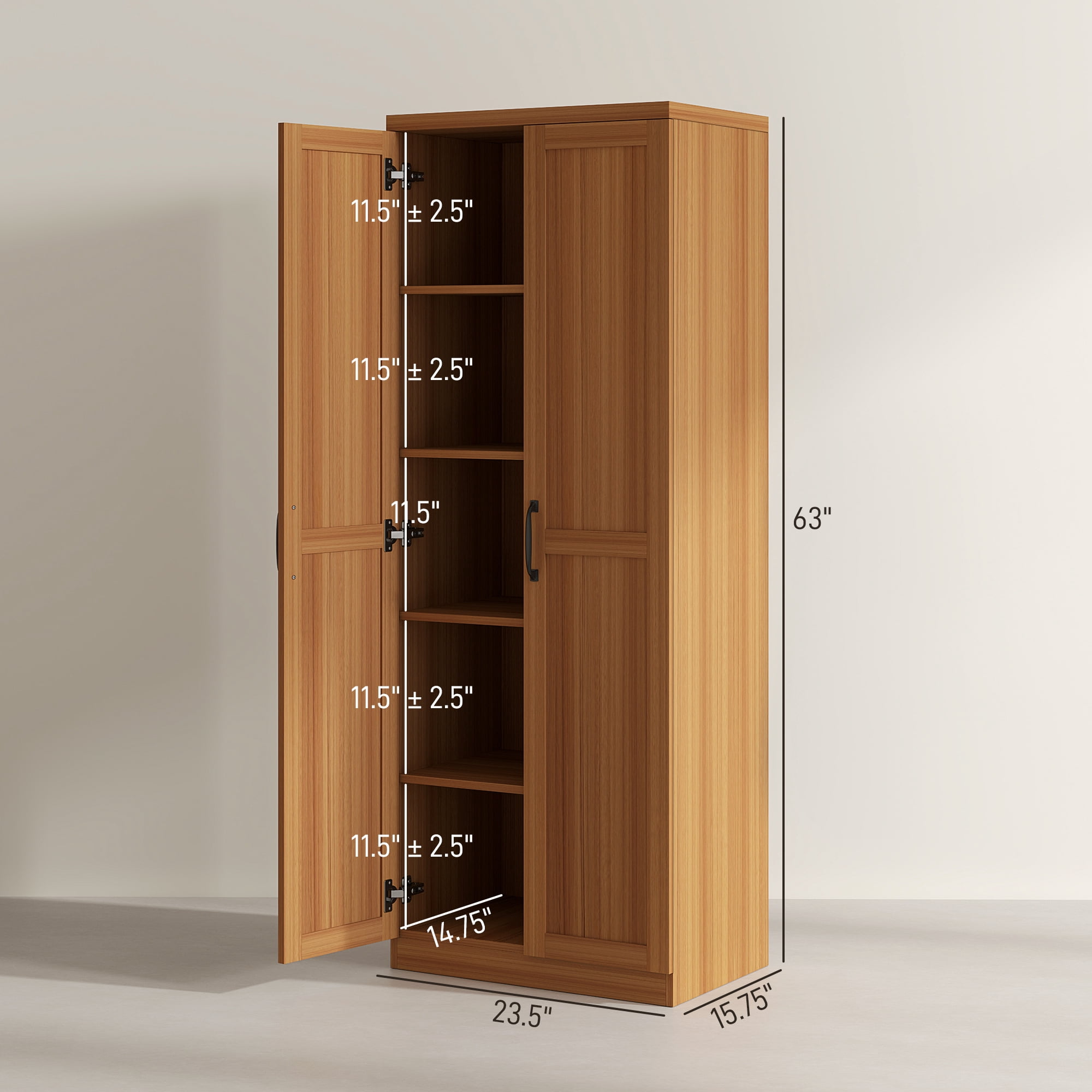 HOMCOM Kitchen Pantry, Freestanding 5-tier Storage Cabinet with 2 Adjustable Shelves for Dining Room, Living Room, Teak Wood Grain