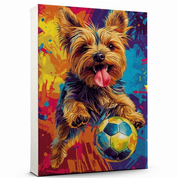 Yorkshire Terrier Dog Stretched Canvas Size 8x12 Soccer Canvas – Cute Yorkshire Terrier Canvas Wall Art of Puppy Playing Soccer, Perfect for Dog and Sports Fans