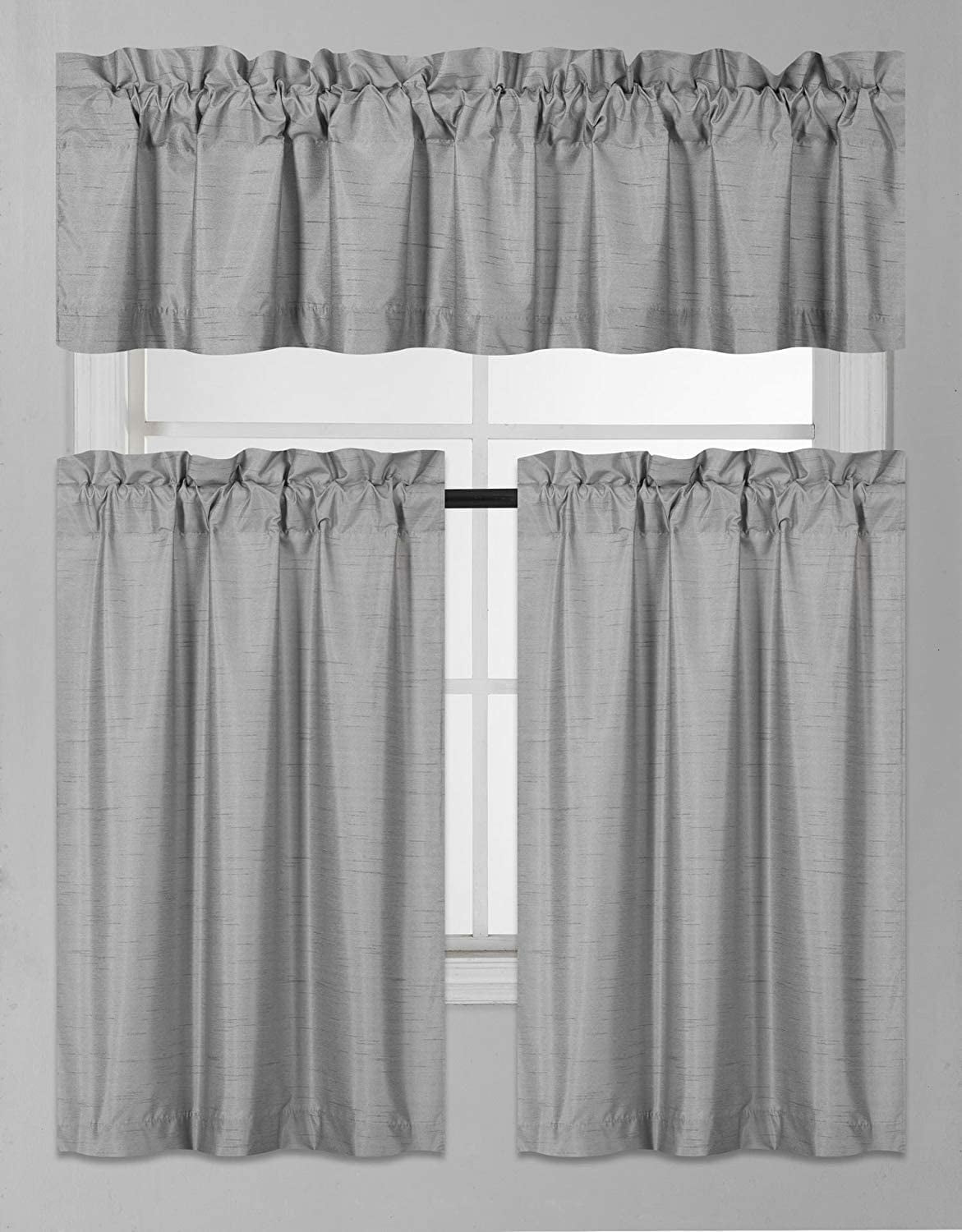 Solid 3Piece Room Darkening Kitchen Window Curtain Set (Silver