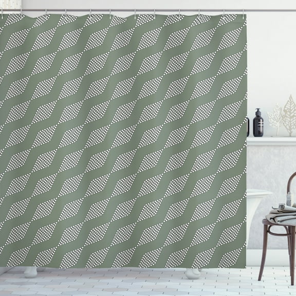 Abstract Shower Curtain, Diagonally Arranged Circles Forming Diamond Shapes Symmetric Layout, Fabric Bathroom Set with Hooks, 69W X 70L Inches, Sage Green and White, by Ambesonne