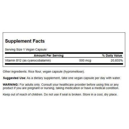 スワンソン ビタミンB12 (シアノコバラミン) 500mcg 100粒 カプセル Swanson Vitamin B12 Cyanocobalamin サプリ 健康維持 栄養補助 生活習慣