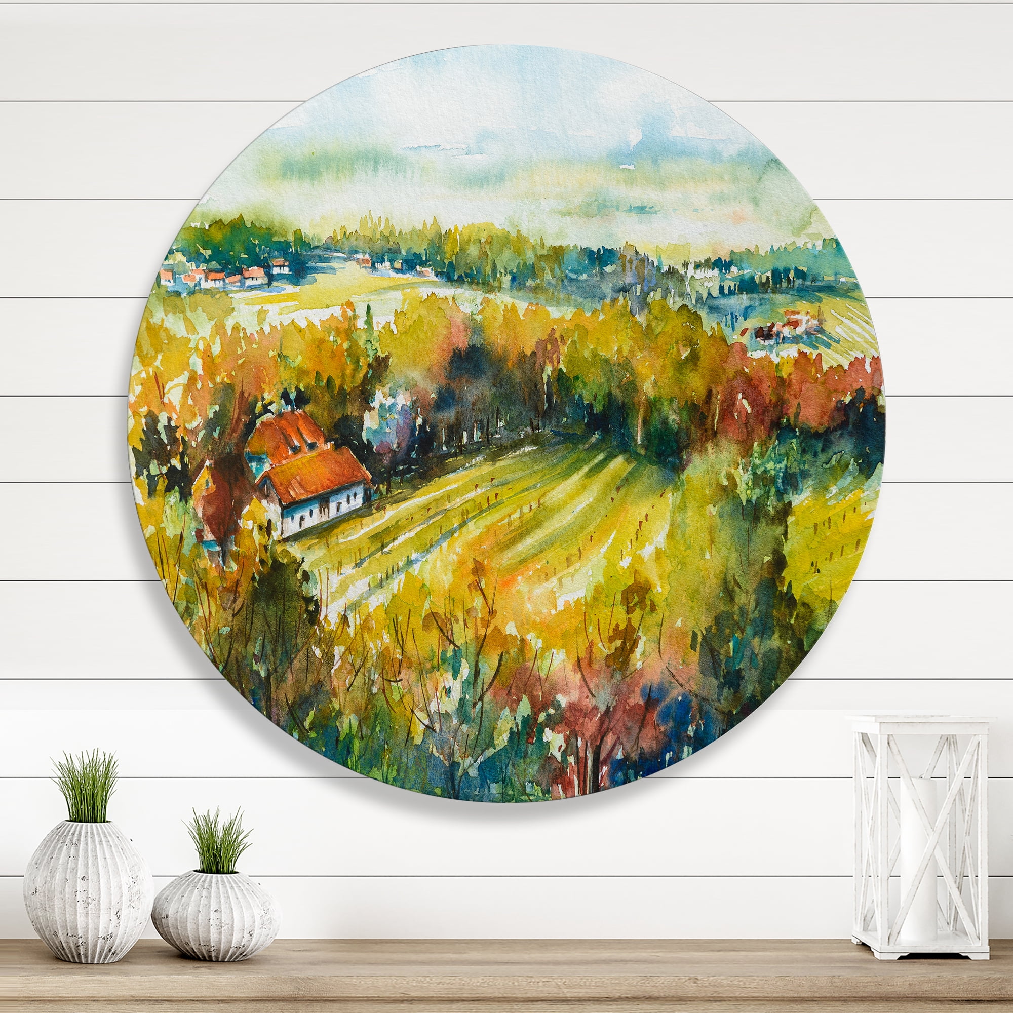 Designart 'Autumn Rural Landscape' Country Circle Metal Wall Art 23x23 - Disc of 23