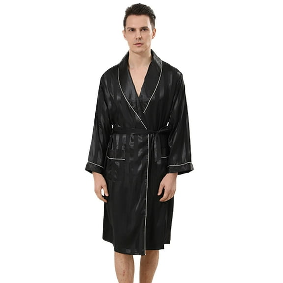 JTieacloth Men's Sleep Sets Male Robe Satin Bathrobe With Shorts Set Wide Striped Jacquard Pajamas Silky Kimono Robe Black