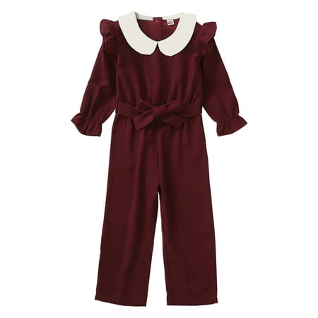 

Baby Girls Jumpsuit 12 Months Baby Girls Onesies Bodysuit 24 Months Baby Girls Doll Collar Solid Color Ruffle Sleeve Bow Long Sleeve Round Neck Jumpsuit Red