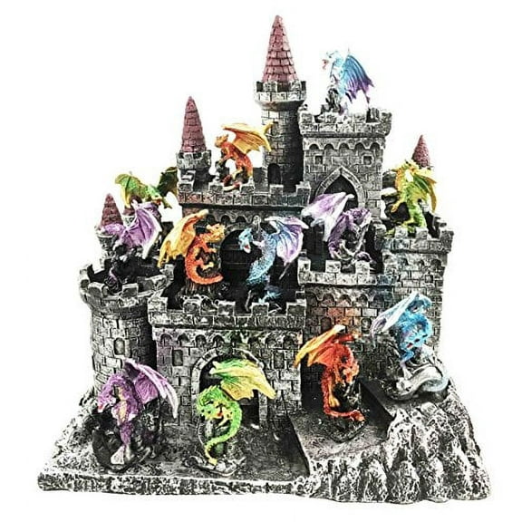12 Miniature Medieval Dragons With Castle Fortress Display Stand Figurine Statue Dragon Lair