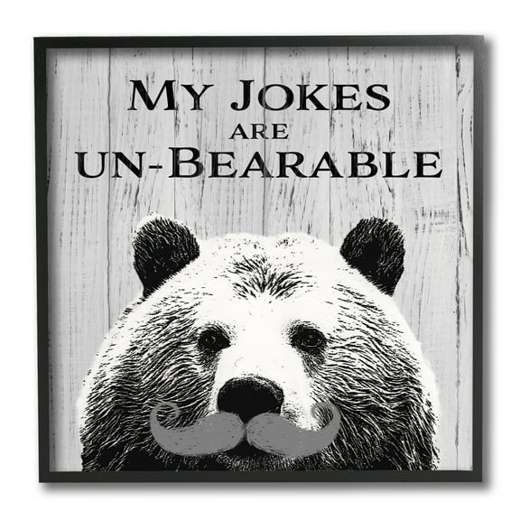 Stupell Industries My Jokes are Un-Bearable Pun Animal Mustache Animals & Insects Painting Black Framed Art Print Wall Art, 12 x 12