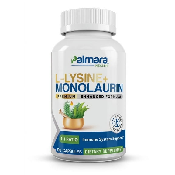 L-Lysine   Monolaurin 600mg - Dual Ingredient Formula - 100 Vegan Capsules - Palmara Health