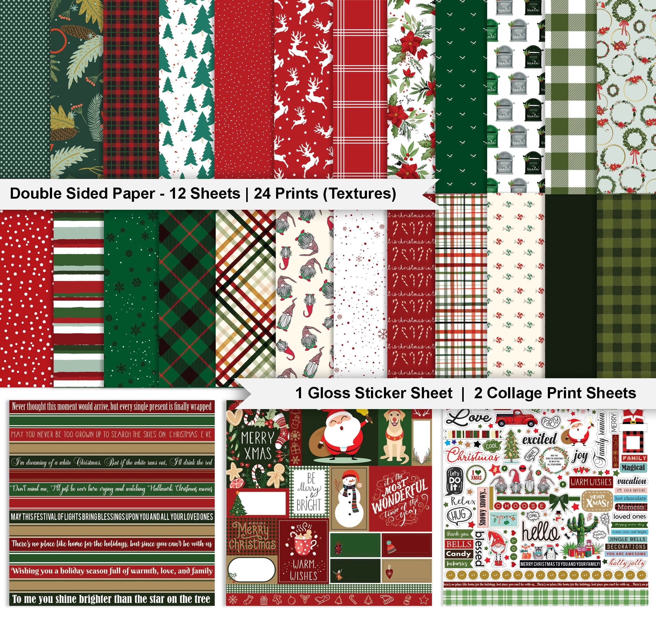 Inkdotpot Red Green Christmas Theme Collection Double,Sided Scrapbook Paper Kit Cardstock 12"x12" Card Making Paper Pack Of With Sticker Sheet - 16 Pages - Red & Green