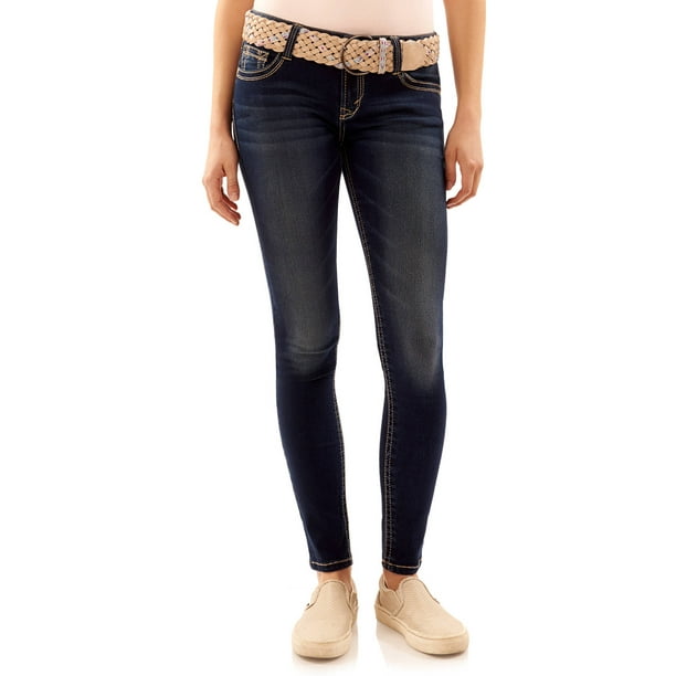 No Boundaries Juniors' belted skinny jeans w/ embroidered back pocket ...