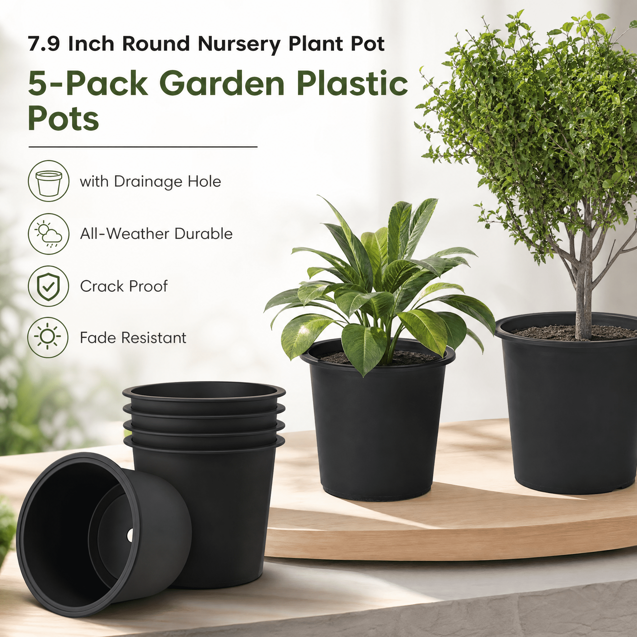 7.9 Inch Round Nursery Plant Pot 5-Pack Garden Plastic Pots with Drainage Hole All-Weather Durable Crack Proof Fade Resistant for Indoor Outdoor Plants
