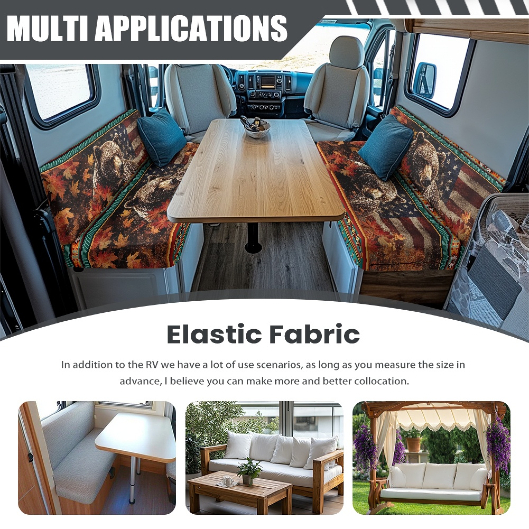 FOR U DESIGNS Bear Maple Leaf Geometric Pattern 2 Pcs RV Dinette Cushion Covers Replacement RV Dinette Booth Seats Cover Elastic Sofa Chair Cover Furniture Protector for RV Camper Car Bench