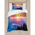 thumbnail image 3 of Winter Decorations Queen Size Duvet Cover Set, Sunset in Mountains with Hazy Lights with Magical Dawn Horizon Theme, Decorative 3 Piece Bedding Set with 2 Pillow Shams, Orange Blue, by Ambesonne, 3 of 3