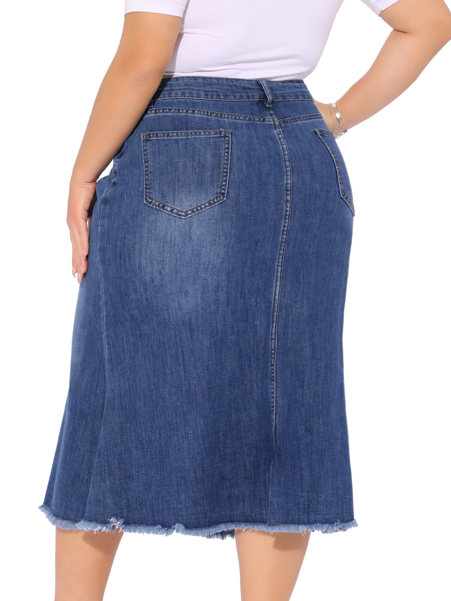 DARING DIVA Women's Plus Denim Fishtail Midi Jean Skirt with Pockets 1X Blue