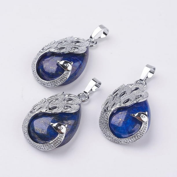 Collar con colgante de lágrima de lazuli y pavo real, con cierre de latón y adorno de platino.