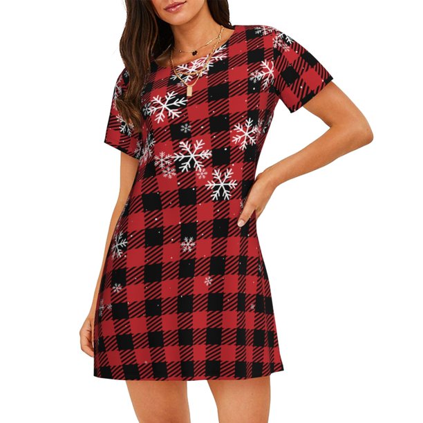 Disketp Red Buffalo Plaid para Camisón Corto de Manga Corta para Mujeres, Camisón Cómodo con Escote Redondo, Bonito y Confortable