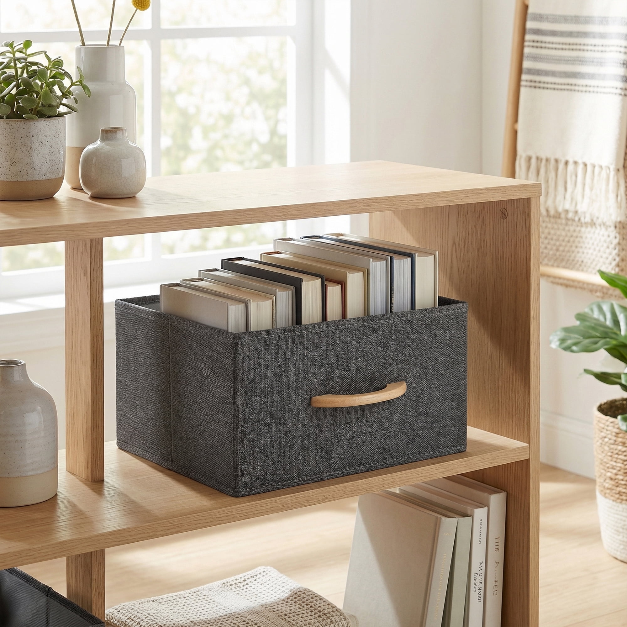 Unique Bargains 3pcs Storage Cube Fabric Storage Bin with Handles Grey 15.4*11.8*7.5in