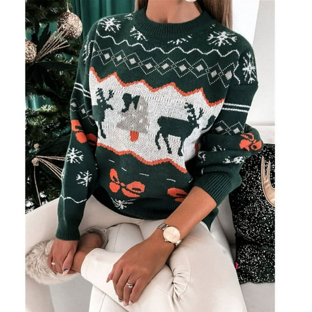 Suéter europeo y americano para mujer, suéter largo holgado con cuello redondo y jacquard navideño de Independent Station