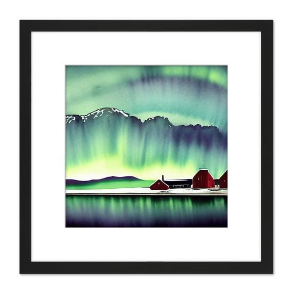 Northern Lights Snow Mountain Lake Norway Vibrant Sky Red Barn Square Wooden Framed Wall Art Print Picture 8X8 Inch
