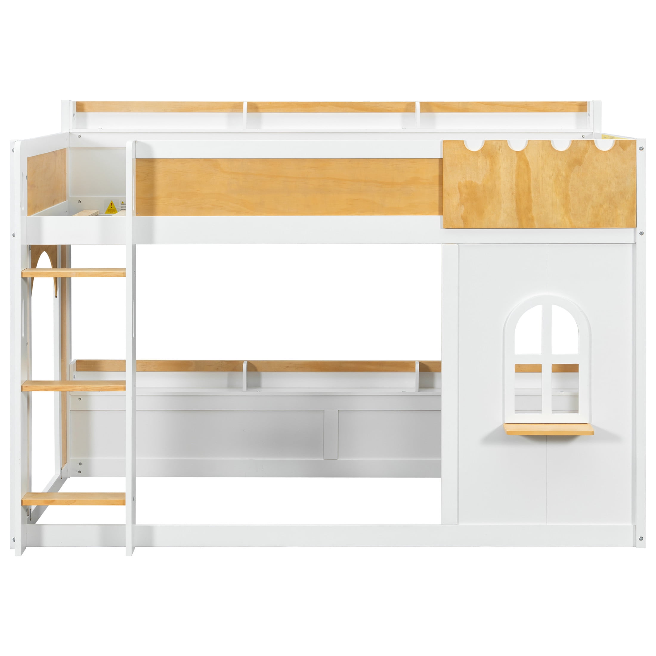 Noble House Thelma Twin over Twin Bunk Bed, Playhouse Design with Storage Shelves and Window, White and Natural