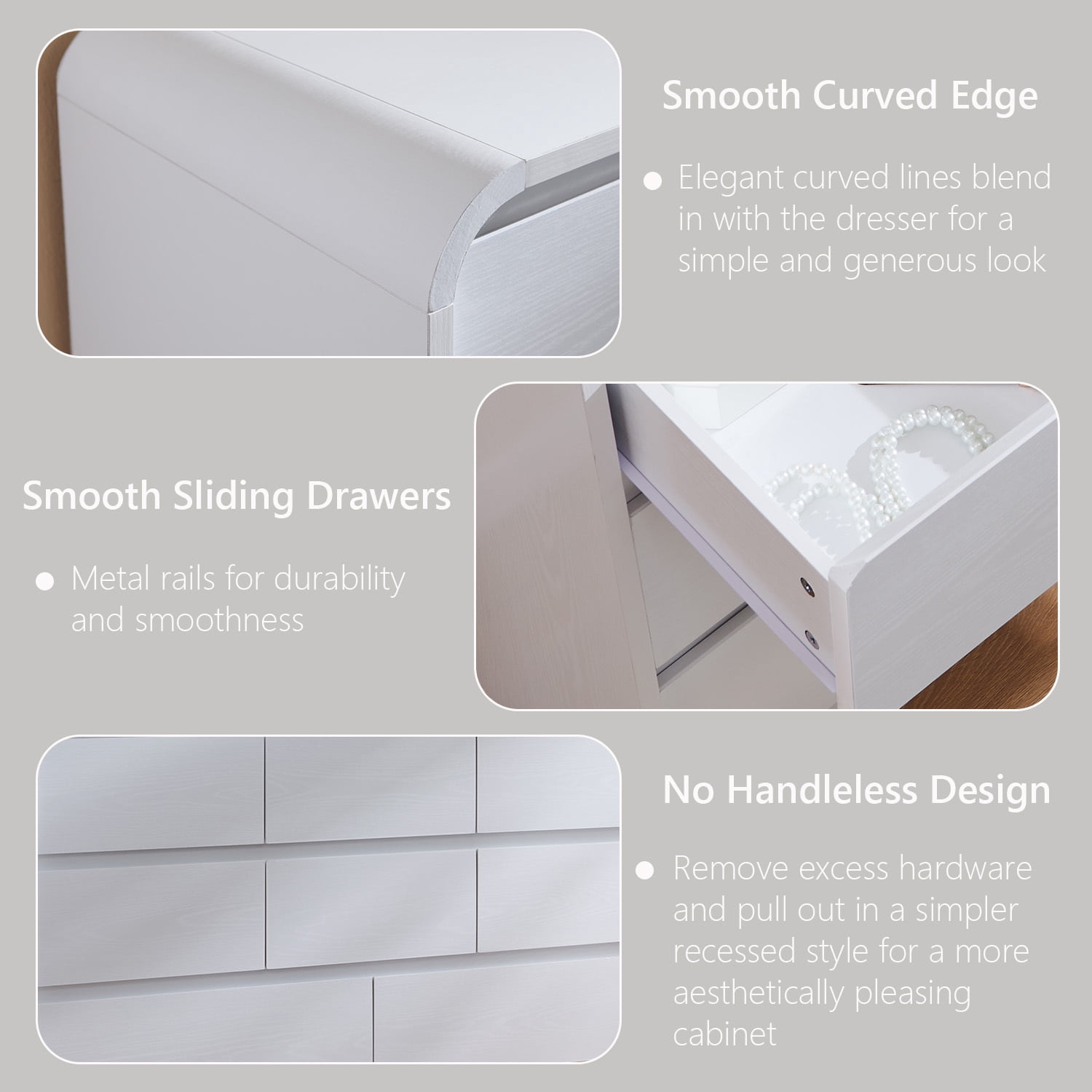 wow97e Modern 6 Drawers Dresser for Bedroom, 47" Wide Wood Chest of Drawers w/Curved Profile Design, for Bedroom, Living Room, White