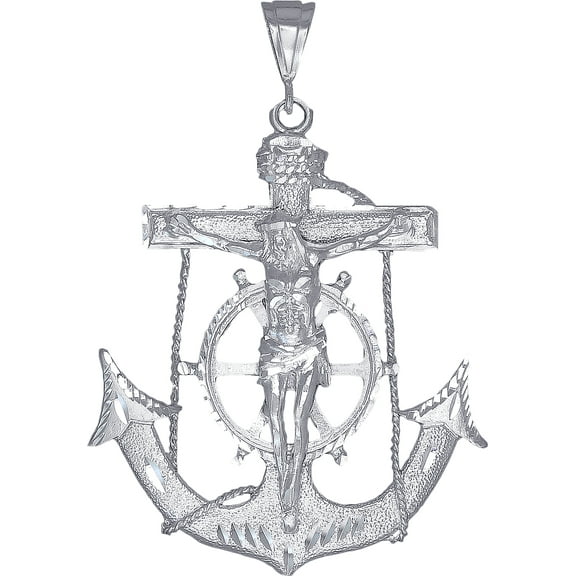 Huge Heavy Sterling Silver Anchor Cross with Jesus Pendant Necklace 3.4 Inches 29 Grams Diamond Cut Finish with Figaro Chain