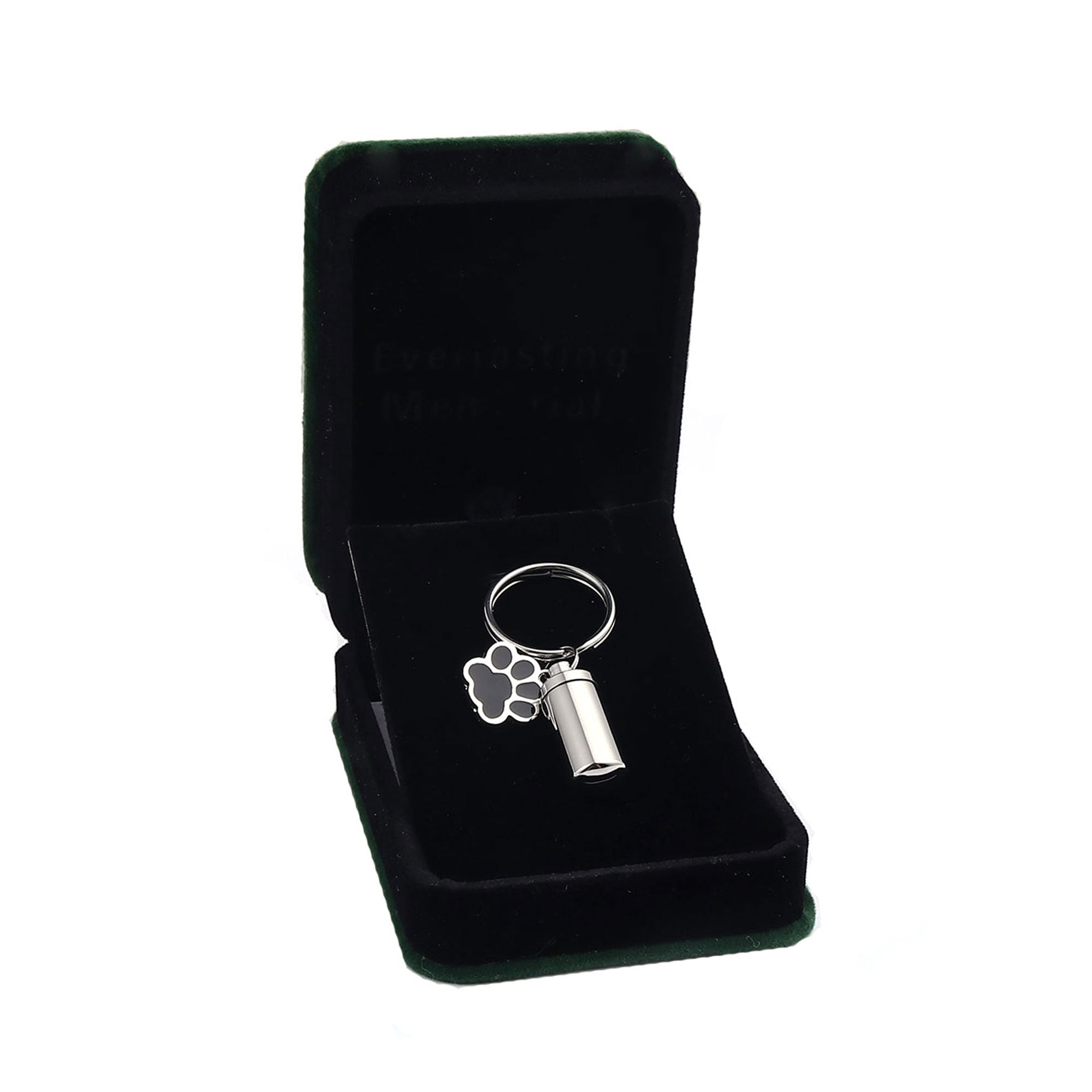 Waterproof Stainless Steel Silver Pet Cremation Urn Cylinder Bottle Black Paw Print Charm Keychain Memorial Ash Keepsake Cremation Jewelry Key Ring with Free Funnel Kit and Velvet Jewelry Box