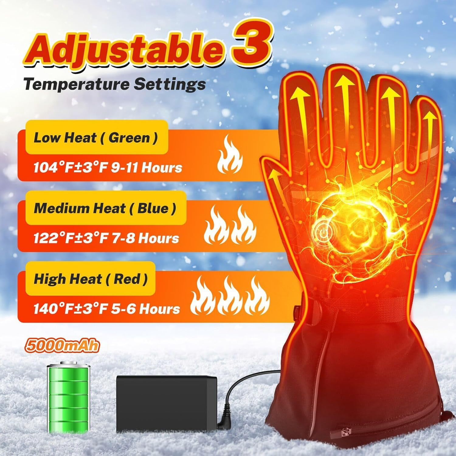 Heated Gloves, Rechargeable Heated Gloves - 3 Modes, Waterproof & Touchscreen - Battery Powered Hand Warmers for Climbing, Hiking, Cycling, Skiing