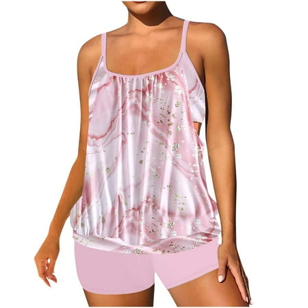 Wyobmus Womens Plus Size Swimsuits Modest 2 Piece Bathing Suits Lace Eyelet Criss Cross Tankini Tops With Boyshorts I-Pink