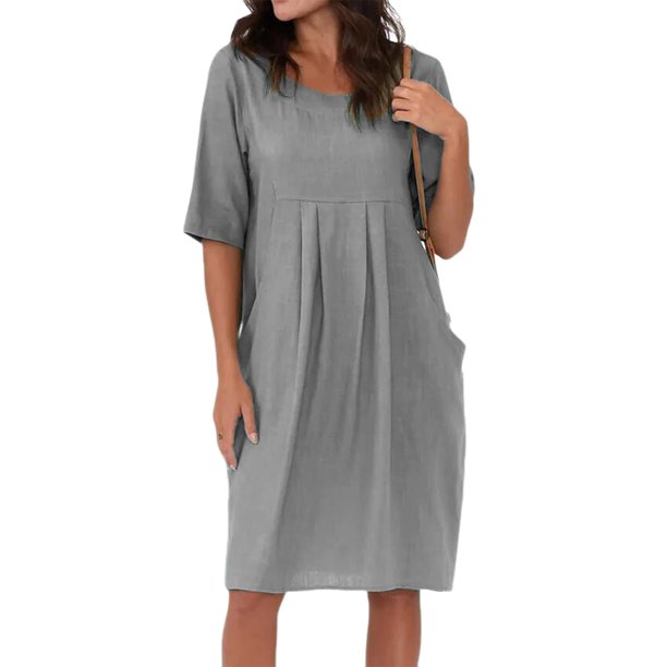 Vestido Lino Algodón Vestidos casuales de mujer con bolsillo Vestido bohemio de playa Vestidos de gran tamaño (Gris XL) Ygjytge para Mujer Gris T M