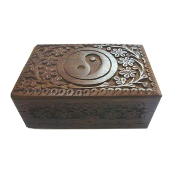 Ying Yang Carved Wooden Jewelry Box with Front Design