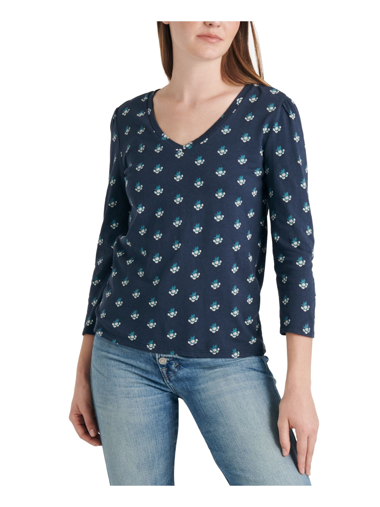 Long Sleeve Tee - Navy with Checker Flower print