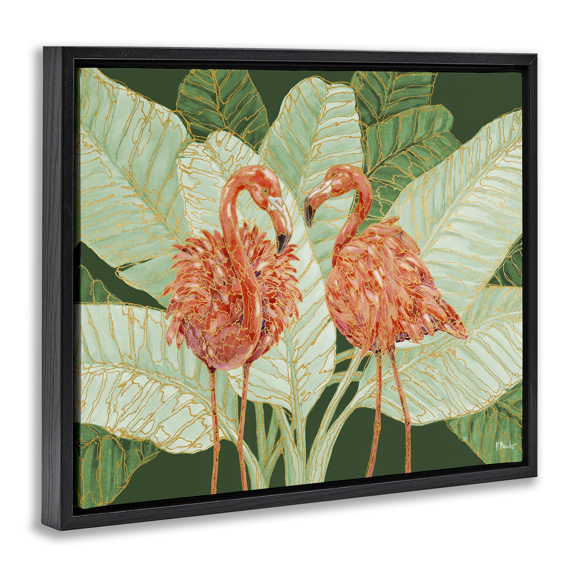 Stupell Industries Martinique Flamingos & Leaves Animals & Insects Painting Black Floater Framed Canvas Art Print Wall Art, 31 x 25