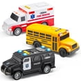 thumbnail image 1 of Vroomix Juego de 3 vehículos de emergencia y vehículos escolares - Ambulancia de coche de policía accionado por fricción y autobús estudiantil con luces y sonidos - Juguetes educativos y seguros para, 1 of 5
