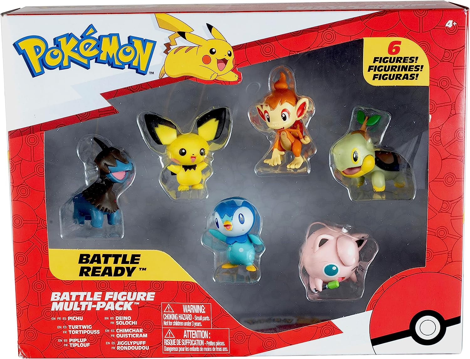 Jazwares Pokémon Battle Figure Toy Set - 6 Piece Playset - Includes 2 Pichu, Yamper, Turtwig, Piplup, Chimchar & Deino - Generation 4 Diamond & Pearl