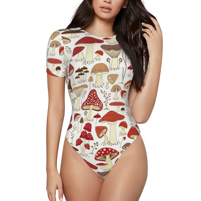 Fotbe Cartoon Mushrooms Body de Mujer con Cuello Redondo y Mangas Cortas, Sin Mangas Ajustado, Suave, Cómodo y Básico-X-Large