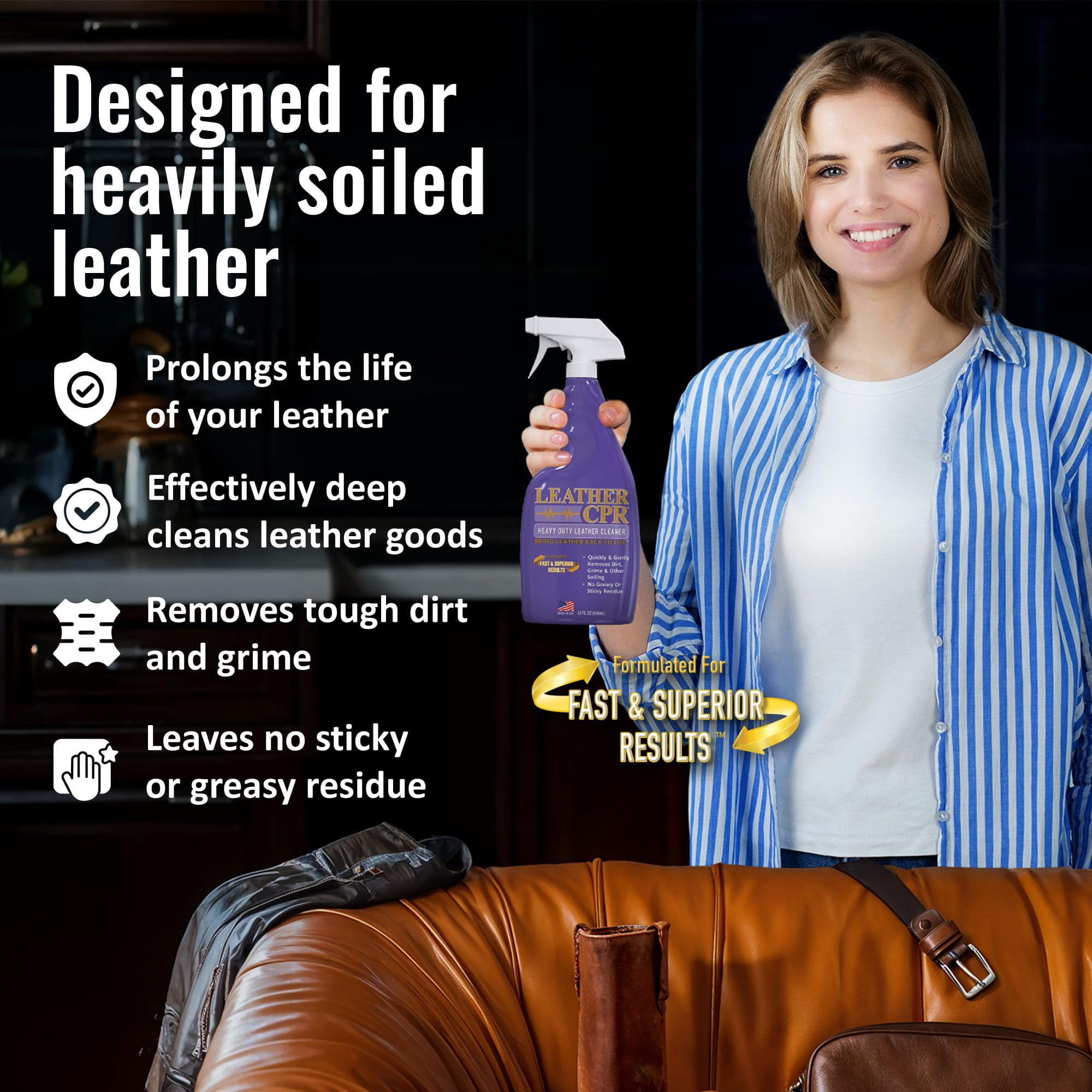 Leather CPR Heavy Duty Leather Cleaner 22oz - Car Interior Cleaner For Heavy Dirt & Grime, Heavily Soiled Furniture Leather Cleaner For Couch, Car Seat,Purses, Shoes, Boots, & More
