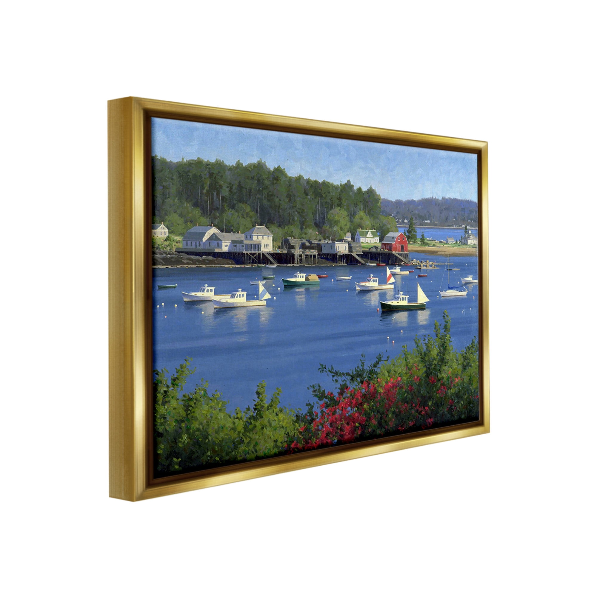 Stupell Industries Summer Harbor Inlet Landscape Painting Gold Floater Framed Canvas Art Print Wall Art, 21 x 17