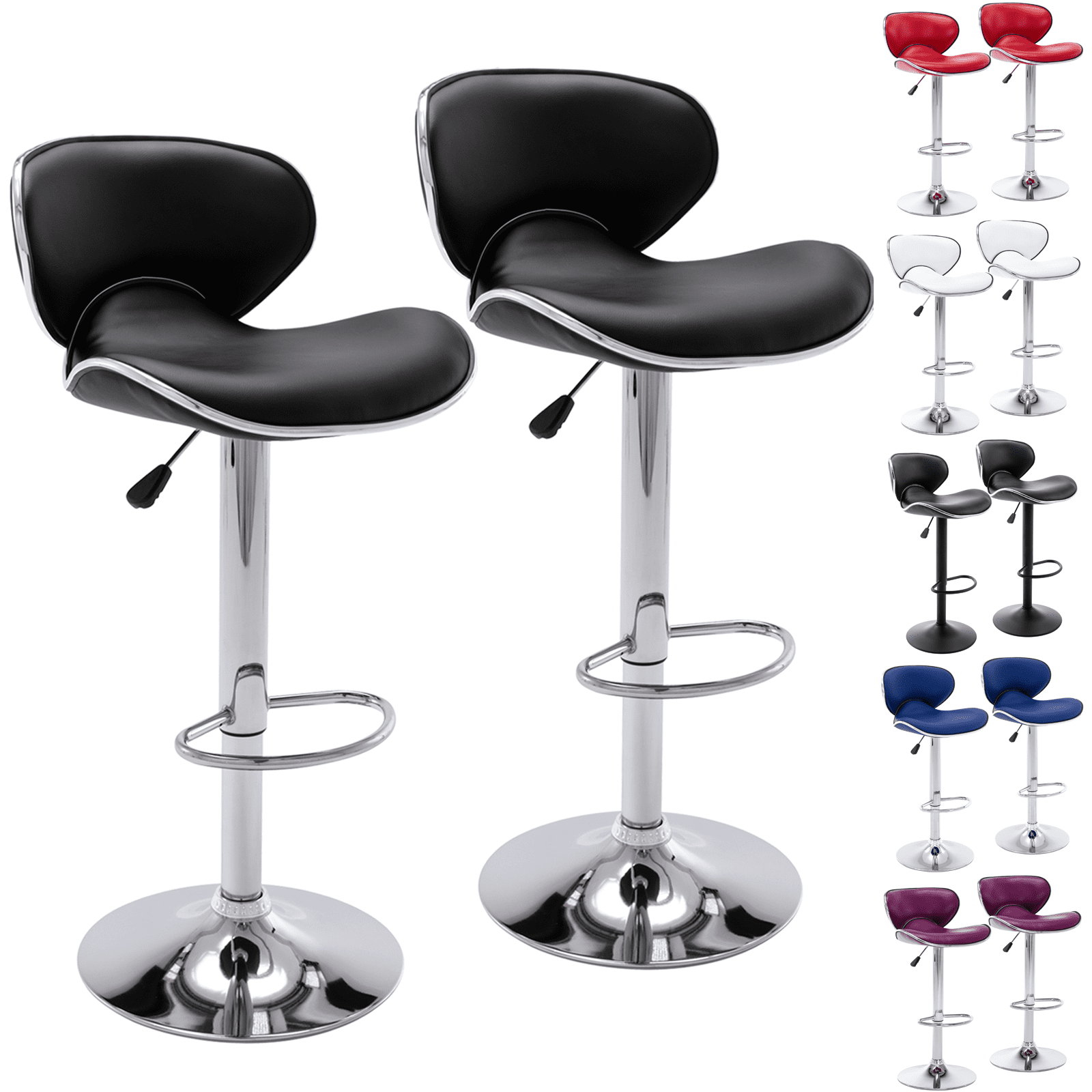 Bar Stools Set of 2, Adjustable Swivel Barstools, Modern PU Leather Counter Height Stools with Back and Footrest for Island, Dining, Bistro, Pub (Black/Silver Base)
