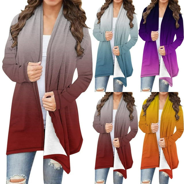 Wiyuqeen Fall Cardigans for Women Plus Size Open Front Long Sleeve Gradient Sweaters Lightweight Draped Jacket Coats
