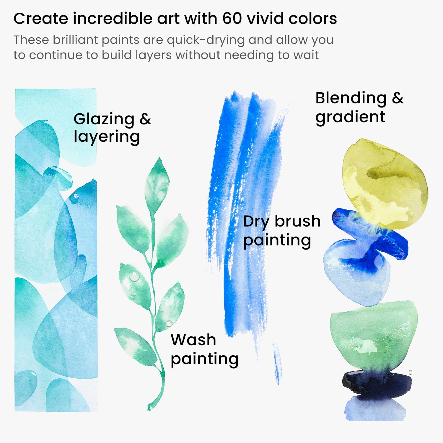 Arteza Watercolor Paint, Multicolor, Set of 60, 12 mL