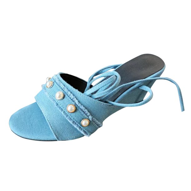 Bmisegm Women's Summer Fashion Fish Mouth Open Toe Slope Heel Strappy Sandals Denim Casual Comfortable Sandals Sandals Women Summer Sky Blue 8.5