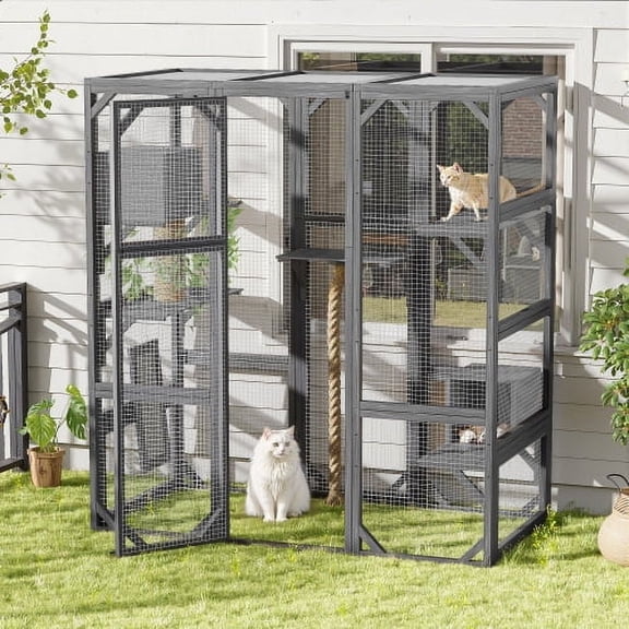 Outdoor Cat House American Design Catio with Double Doors Platforms Two Condos Pine Dark Grey