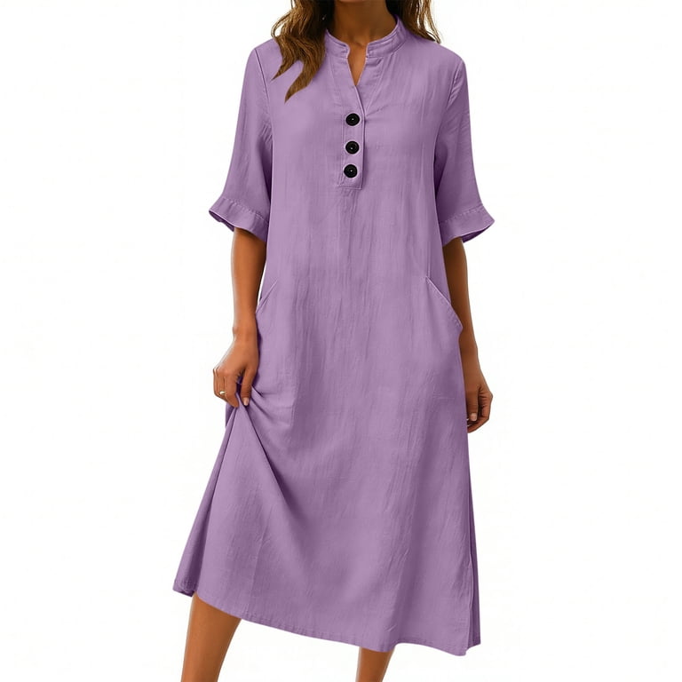 Heisall Midi Dresses for Women 2026 Summer Half Sleeve Gauze Dress Casual  Loose Comfy Buttons V Neck Beach Dress with Pockets - Walmart.com